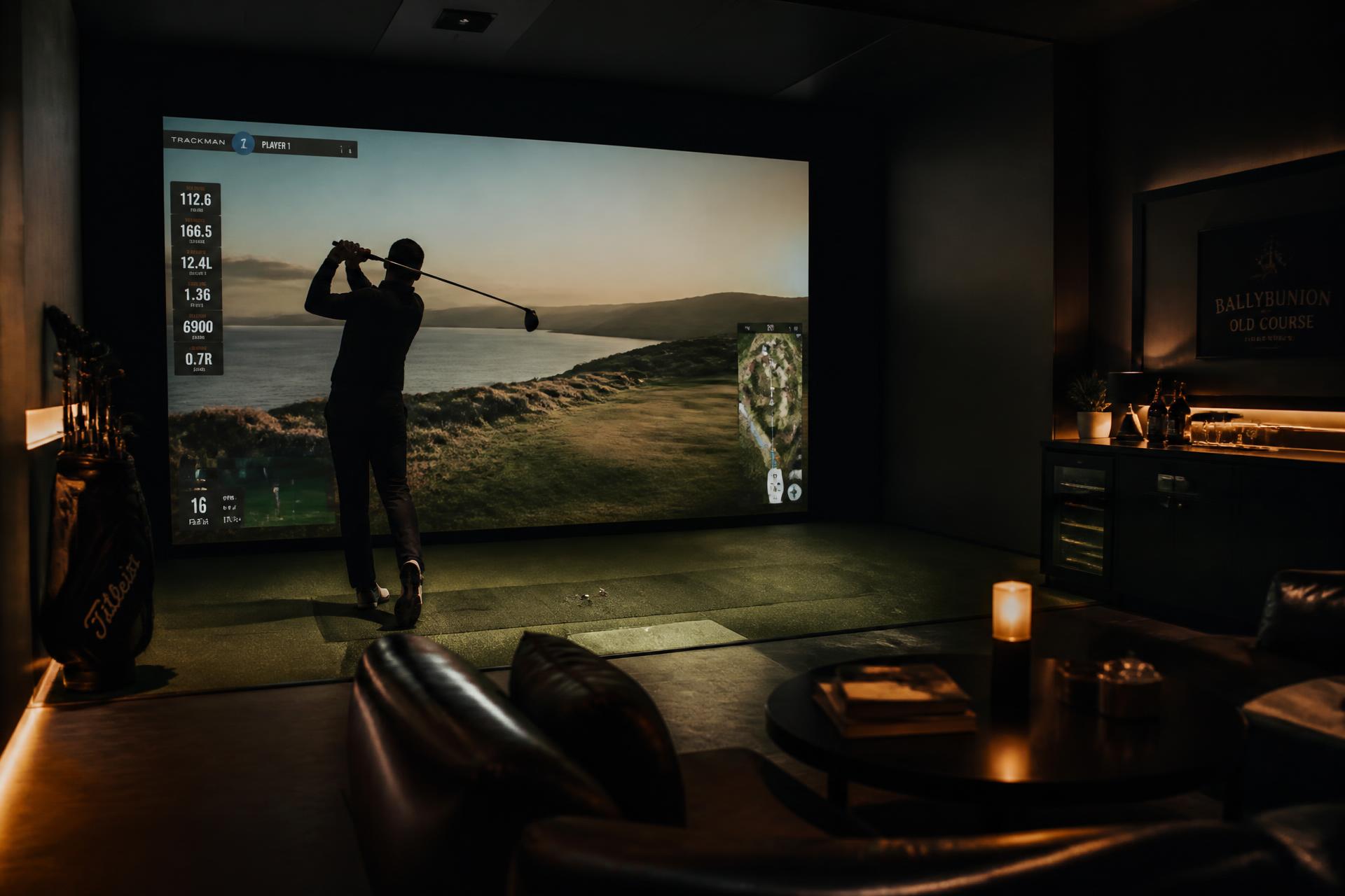 Golfspiller i silhuett foran en stor simulatorskjerm